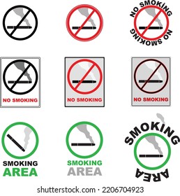 No smoking signs on white background. Smoking area signs.  Area and non smoking area icon symbol on circle design.