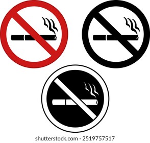 Sem Sinais De Fumar. Adesivos Proibitivos, Banners. Cigarro e Fumaça de Cigarro. Ícones de vetor em vermelho, preto e branco