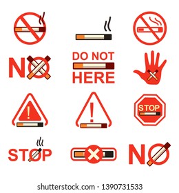 No Smoking Stop Smoke Cigarette Sign Symbol Set