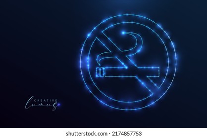 No smoking symbol. Neon blue, bright, starry icon. Constellation style in space or holographic template.
