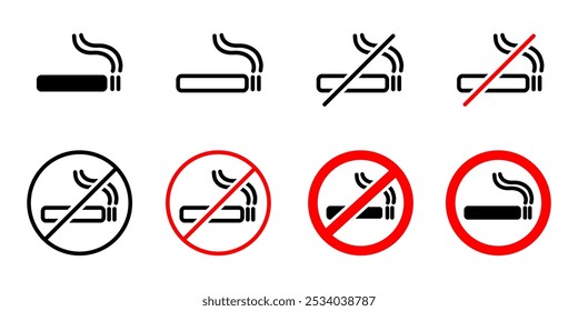 No smoking symbol set. Cigarette ban sign. Do not smoke warning icon. Smoking is forbidden label. Prohibition sticker for area places.