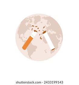 No smoking symbol. World no tobacco day Cigarette, planet Earth sign awareness bad habit element isolated on white background. Vector flat illustration.