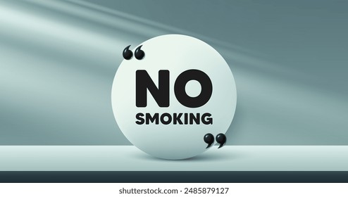 No smoking tag. Circle frame, product stage background. Stop smoke sign. Smoking ban symbol. No smoking round frame message. Minimal design offer scene. 3d comma quotation. Vector