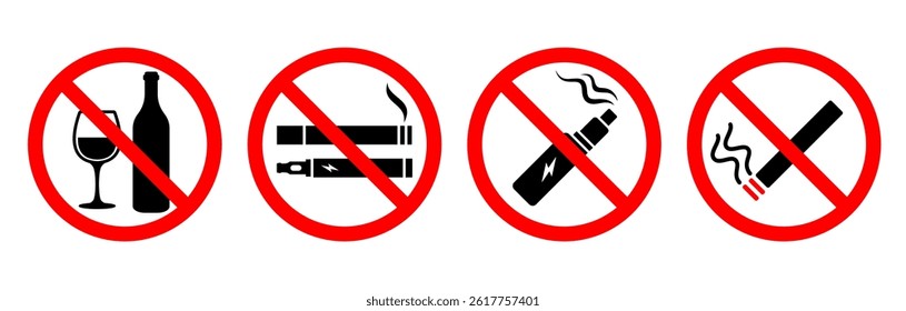 no smoking or vaping or alcohol sign set for print. warning notice sign for hotel, hospital, office, school, college, restaurant etc public place. danger sign silhouette icon illustration set on white