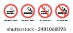 No Smoking and Vaping Allowed Signs. Cigarette and E-Cig Prohibition Symbols. Smoking Area Vector Illustration.