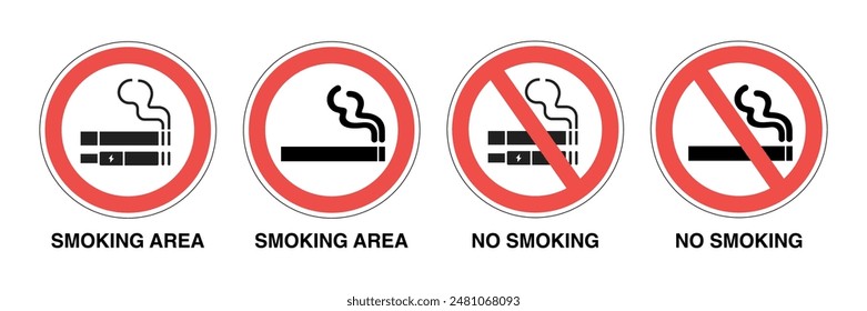 No Smoking and Vaping Allowed Signs. Cigarette and E-Cig Prohibition Symbols. Smoking Area Vector Illustration.