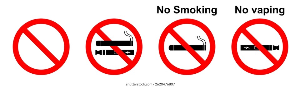 No Smoking and Vaping Allowed Signs. Cigarette and E-Cig Prohibition Symbols. Smoking Area Vector Illustration.
