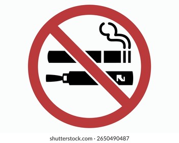 No Smoking and Vaping Allowed Signs. Cigarette and E-Cig Prohibition Symbols. Smoking Area Vector Illustration. no smoking, no vaping, smoking ban, vaping ban, warning, health, public place, tobacco.