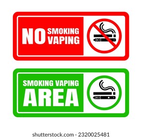 No smoking no vaping and smoking area sign set. Forbidden sign icon isolated on white background vector illustration. Cigarette, vape in prohibition circle and green allowed area.