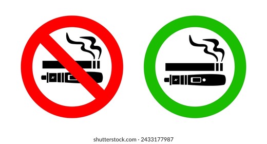 No smoking no vaping and smoking area sign set. Forbidden sign icon isolated on white background vector illustration. Cigarette, vape in prohibition circle and green allowed area.