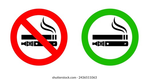 No smoking no vaping and smoking area sign set. Forbidden sign icon isolated on white background vector illustration. Cigarette, vape in prohibition circle and green allowed area.