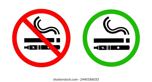 No smoking no vaping and smoking area sign set. Forbidden sign icon isolated on white background vector illustration. Cigarette, vape in prohibition circle and green allowed area.