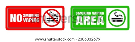 No smoking no vaping and smoking area sign set. Forbidden sign icon isolated on white background vector illustration. Cigarette, vape in prohibition circle and green allowed area.