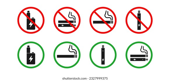 No fumar, no hay signos combinados de vapor. Se permitió fumar, se permitió el vaporización. Pegatinas imprimibles. Vector. Aislado sobre fondo blanco.