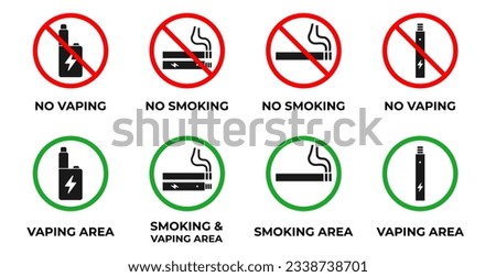 No smoking, no vaping combined sign. Allowed smoking, allowed vaping. Smoking area Printable stickers. Vector. Isolated on white background.