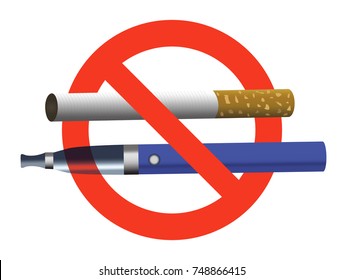 no smoking no vaping sign ban cigarette and electronic cigarette not allowed blue e-cigarette and cigarette in red circle realistic vector illustration