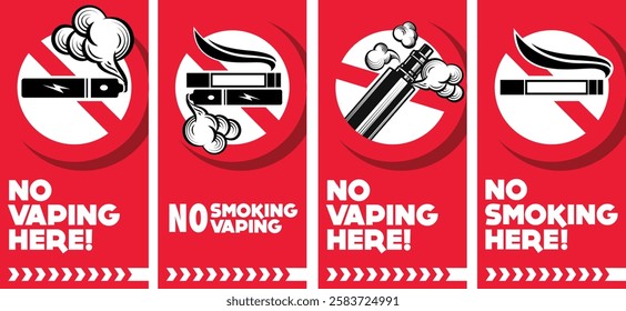 No smoking no vaping sign. Forbidden sign, in this area sign icon isolated on white background vector red label illustration. Cigarette, vape and smoke and in prohibition circle.