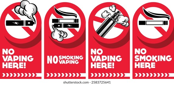 No smoking no vaping sign. Forbidden sign, in this area sign icon isolated on white background vector red label illustration. Cigarette, vape and smoke and in prohibition circle.