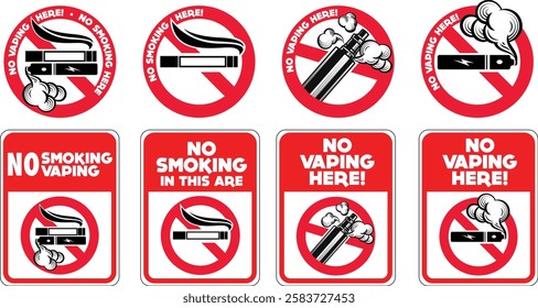 No smoking no vaping sign. Forbidden sign, in this area sign icon isolated on white background vector red label illustration. Cigarette, vape and smoke and in prohibition circle.