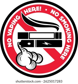 No smoking no vaping sign. Forbidden sign, in this area sign icon isolated on white background vector red label illustration. Cigarette, vape and smoke and in prohibition circle.