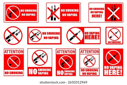 Proibido fumar e sem sinais de vaporização. Ícones vermelhos de proibição de cigarros e cigarros eletrônicos, adequados à sensibilização para a saúde e a advertências públicas. Ilustrações vetoriais.