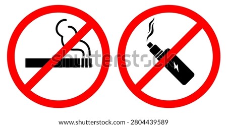 No Smoking and No Vaping Sign Set: Red Prohibitory Circles with Crossed Out Cigarette and Electronic Vape Pen Silhouette Icons Vector Isolated on White Background