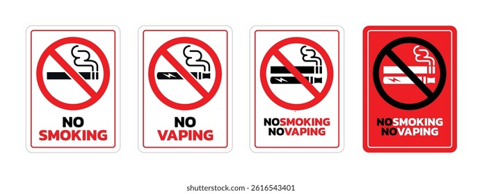 No smoking and no vaping sign vector set with stop sign, text, cigarette and tobacco. Sign for public, flat vector isolated on white background.