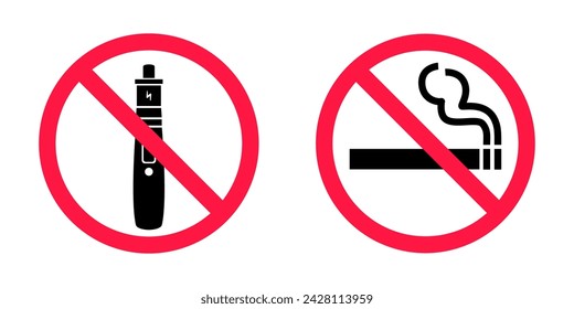 No smoking no vaping signs set. Forbidden sign icon isolated on white background vector illustration. Cigarette, vape and smoke and in prohibition circle.