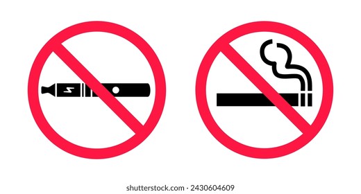 No smoking no vaping signs set. Forbidden sign icon isolated on white background vector illustration. Cigarette, vape and smoke and in prohibition circle.