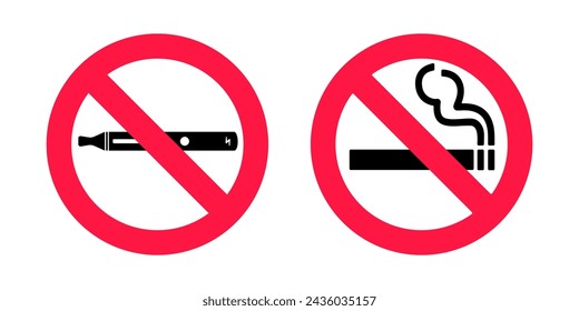 No fumar, no hay señales de vapeo. Icono de signo prohibido aislado sobre fondo blanco ilustración vectorial. Cigarrillo, vapeo y humo y en círculo de prohibición.