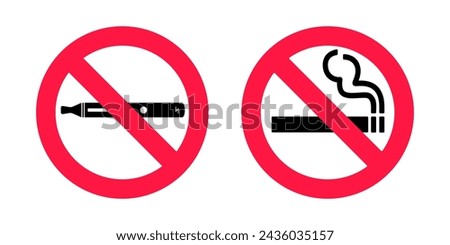 No smoking no vaping signs set. Forbidden sign icon isolated on white background vector illustration. Cigarette, vape and smoke and in prohibition circle.