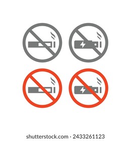 No smoking and vaping vector icon set. No electronic cigarette red sign icons.