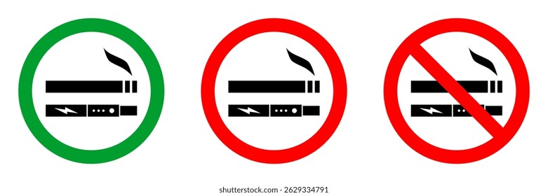 no smoking and no vaping zone red circle sign, green allowed round vector icon, 3 pictogram collection