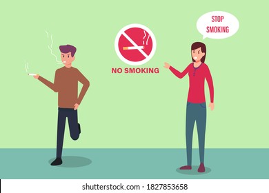 No smoking vector concept: Young man smoking in no smoking area while holding a cigarette