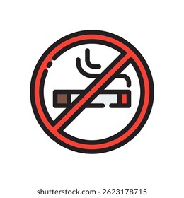 Proibido fumar Vetor para a conscientização da saúde e ar limpo. Ilustração de cigarro proibida. Segurança pública e conceito anti-tabagismo. Ícone Linha Preenchida