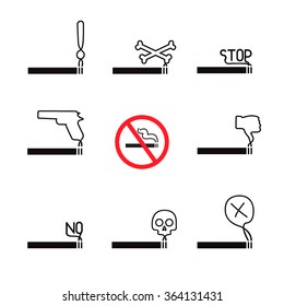 No smoking vector icon set. A collection of stop smoking themed symbols including skull, gun, thumbs down, words no and stop. Vector eps10 illustration.
