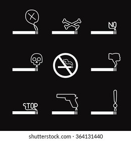 No smoking vector icon set. A collection of stop smoking themed symbols including skull, gun, thumbs down, words no and stop. Vector eps10 illustration.