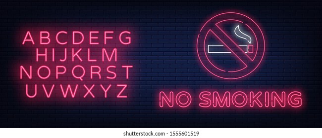 No smoking vector neon sign. Bright symbol, icon, luminous warning sign of smoking. Neon alphabet. Vector illustration EPS 10.