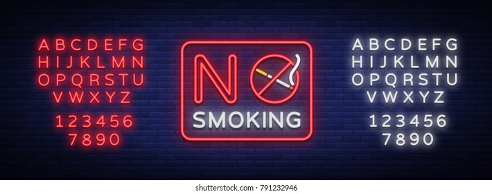 No smoking vector neon sign. Bright symbol, icon, luminous warning sign of smoking in an unauthorized place. Editing text neon sign. Neon alphabet