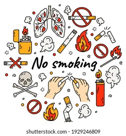 No smoking vector set in doodle style, hand drawing. The concept of bad habits with tobacco, cigarettes and vape.