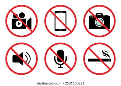 Video No fumar, videografía, teléfono celular, cámara, mudo y símbolo del altavoz conjunto aislado. Se aislaron los signos de permiso prohibidos. Icono de signo de prohibición prohibido Vector establecido en círculo de cruz roja.