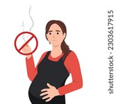 No smoking while pregnant concept vector illustration. Pregnant woman inside no smoking sign in flat design. Flat vector illustration isolated on white background