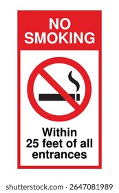 No Smoking Within 25 Feet Sign – Red and White Warning with Cigarette Prohibition Icon – High Quality Vectorial Stock Image
