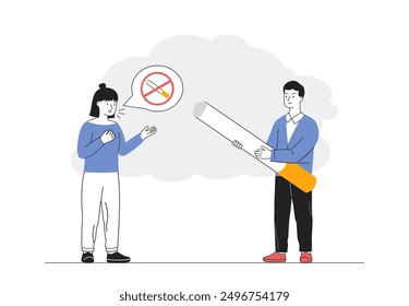 No smoking woman. Young girl refuses cigarette. Healthy lifestyle without negative habits and nicotine addiction. Person reject tobacco toxic product. Linear vector illustration