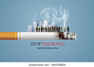  No smoking and World No Tobacco Day with many people in city,  paper collage style with digital craft .