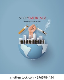  No Smoking And World No Tobacco Day With Many People And Hand Anti Cigarette In City,paper Collage Style With Digital Craft 