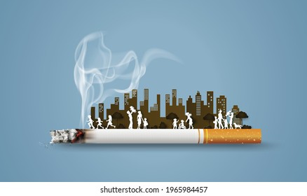  No smoking and World No Tobacco Day with many people  in city,paper collage style with digital craft .