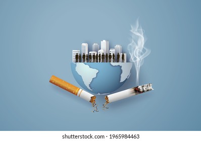  No smoking and World No Tobacco Day with many people  in city,paper collage style with digital craft .
