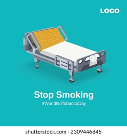 No smoking and World No Tobacco Day with A death bed with a cigarette on it.