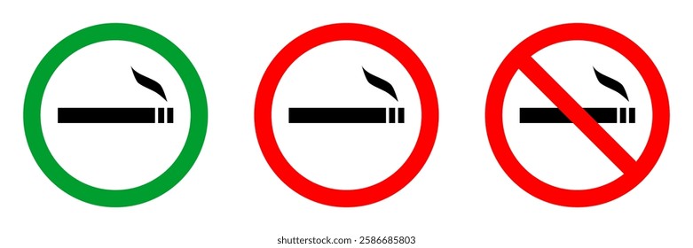 no smoking zone red circle sign, green allowed round vector icon, 3 pictogram collection